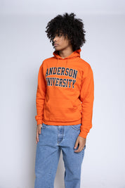 Person wearing an orange 'Anderson University' hoodie against a plain background