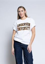 Person wearing a white t-shirt with 'Anderson University' printed on it against a plain background