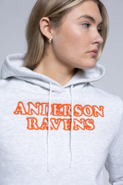 Person wearing a hoodie with 'Anderson Ravens' text in orange on a plain background