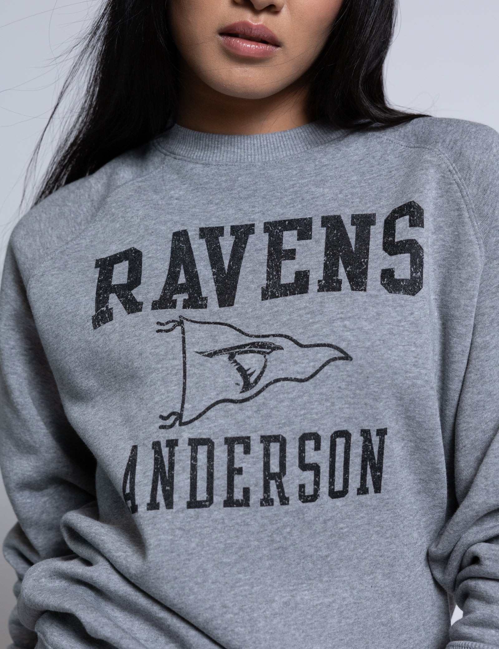 Person wearing a gray sweatshirt with 'RAVENS ANDERSON' printed on it against a plain background