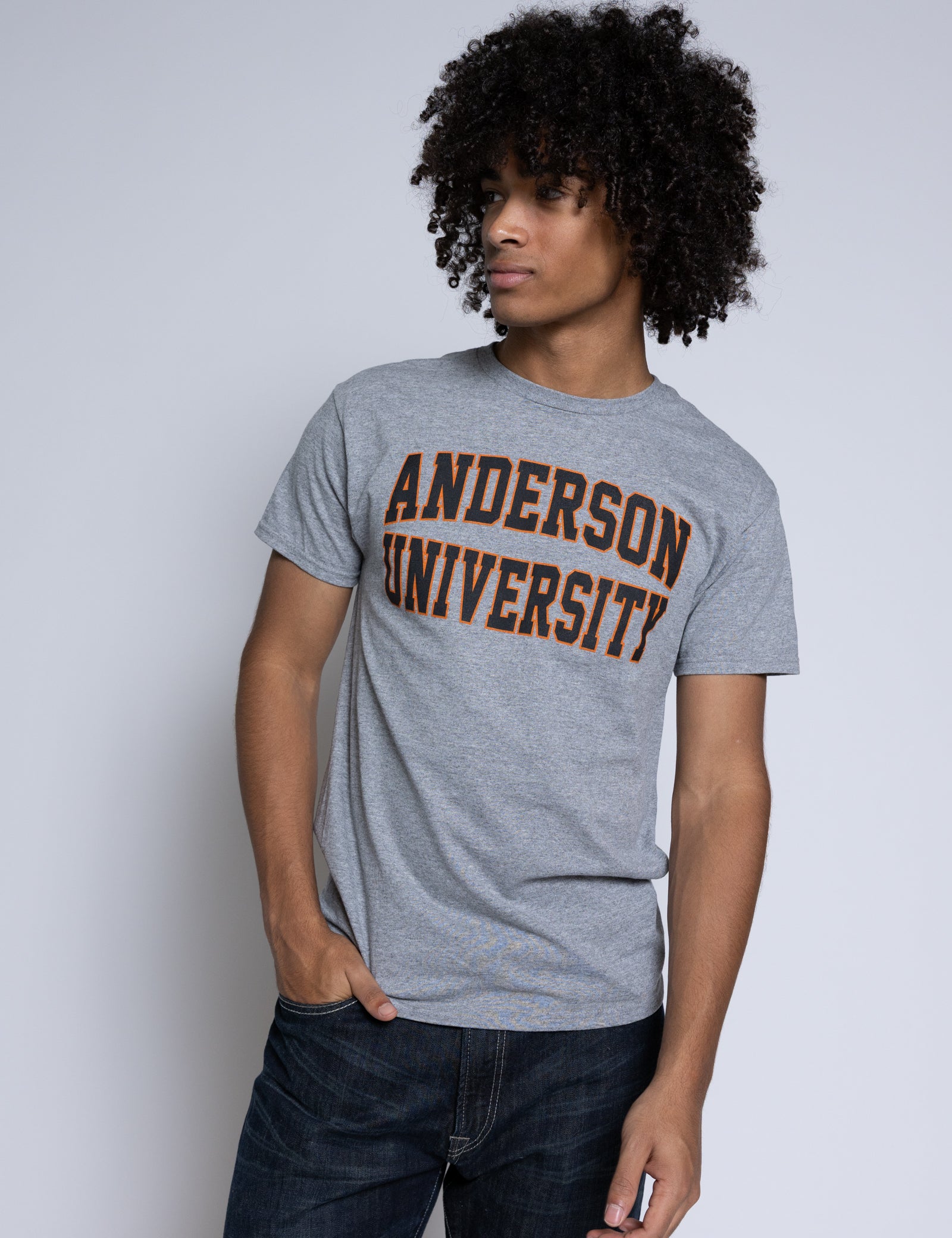 Person wearing a gray 'Anderson University' t-shirt against a plain background
