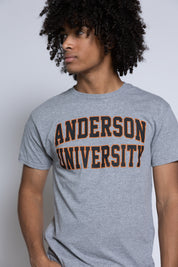 Person wearing a gray 'Anderson University' t-shirt against a plain background