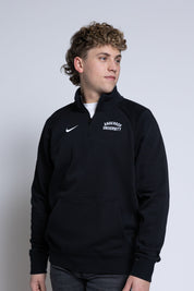 Person wearing a black quarter-zip sweatshirt with 'Anderson University' text on a plain background