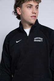 Person wearing a black quarter-zip sweatshirt with 'Anderson University' text on a plain background