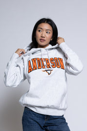 Person wearing a hoodie with 'Anderson' printed on it against a plain background