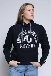 Person wearing a black hoodie with 'Anderson University Ravens' text and logo.