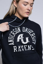 Person wearing a black hoodie with 'Anderson University Ravens' text and logo.