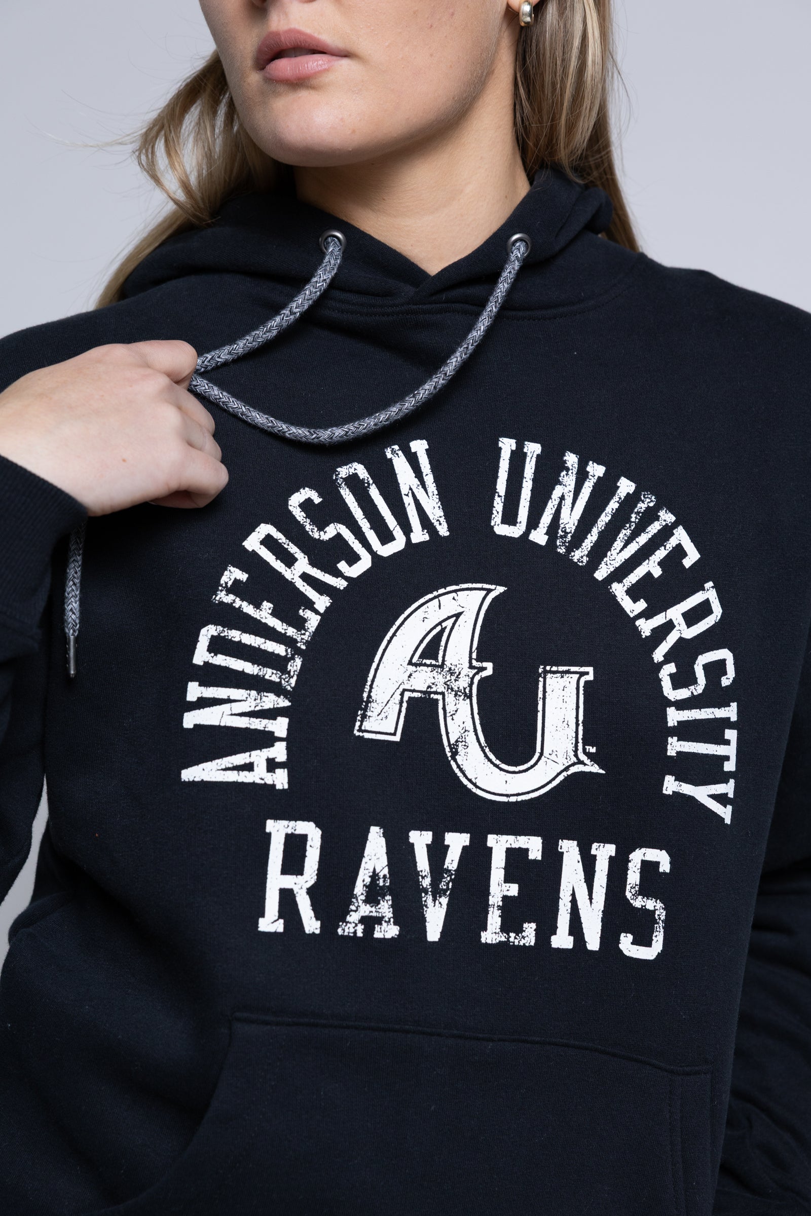 Black hoodie with 'Anderson University Ravens' text and logo